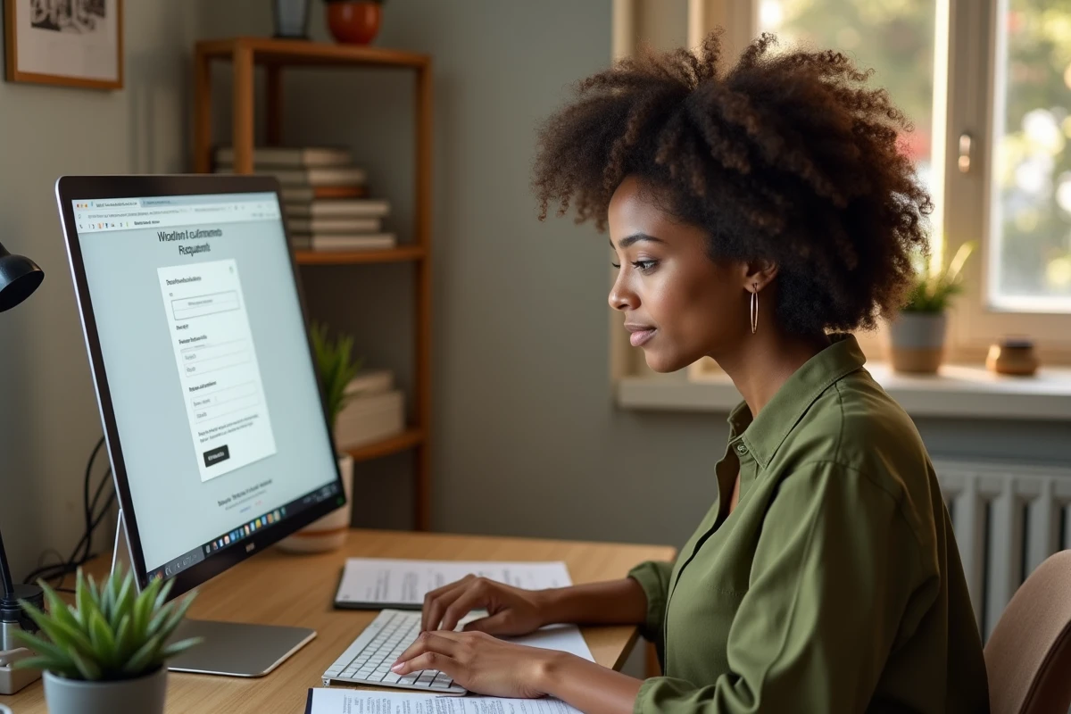 Jeune locataire soumettant une demande en ligne sur son espace MyCitya depuis un bureau à domicile