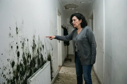 Locataire de logement social constatant des moisissures noires sur le mur d'un couloir d'appartement HLM