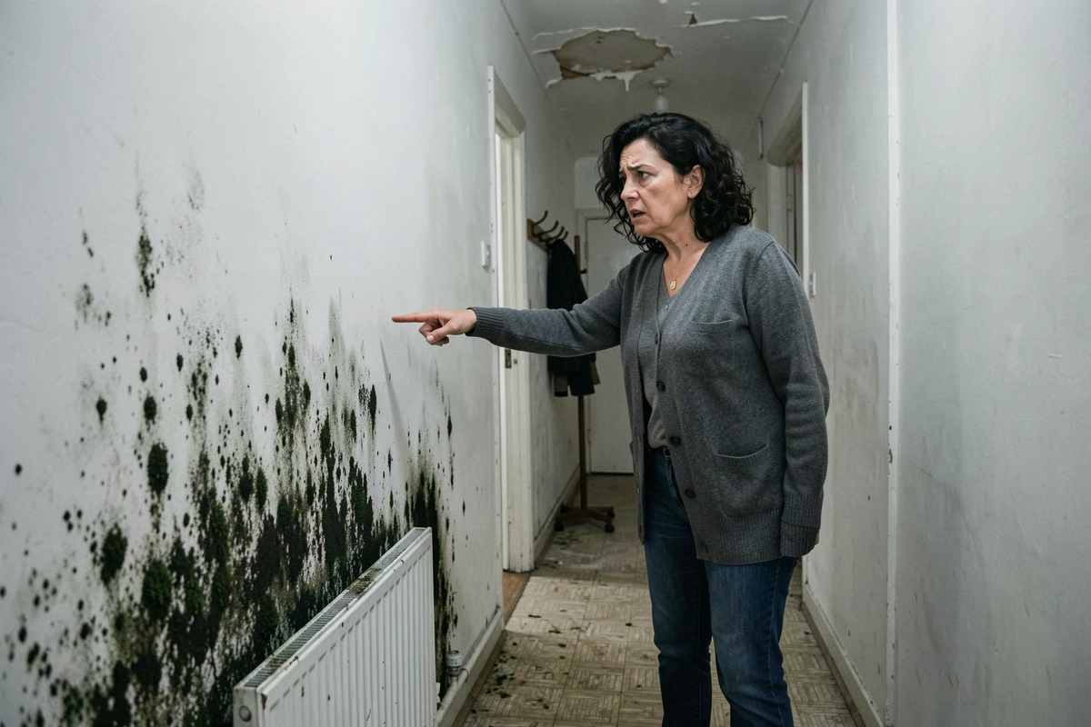 Locataire de logement social constatant des moisissures noires sur le mur d'un couloir d'appartement HLM