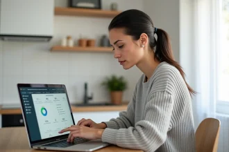 Locataire consultant son espace personnel MyCitya sur un ordinateur portable dans une cuisine d'appartement