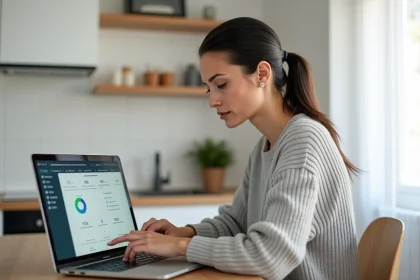 Locataire consultant son espace personnel MyCitya sur un ordinateur portable dans une cuisine d'appartement