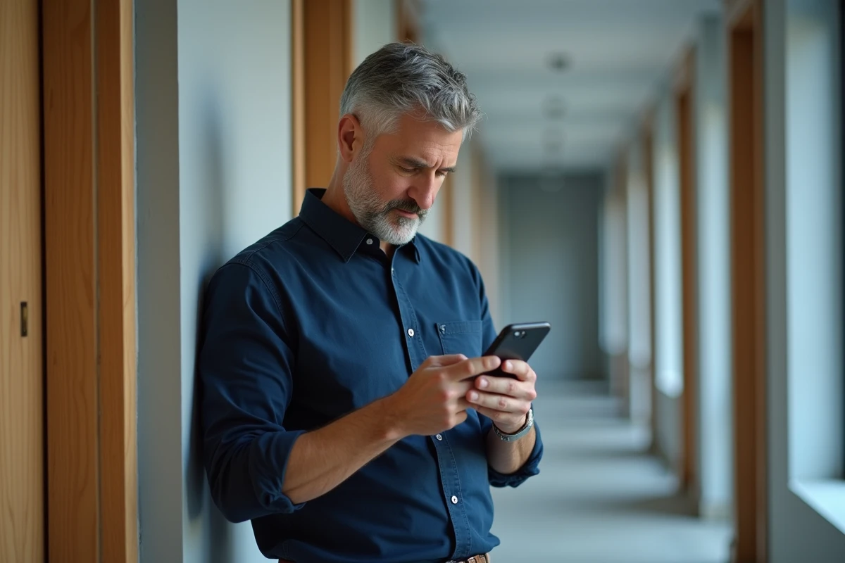 Locataire vérifiant une quittance de loyer sur son smartphone dans le couloir d'un immeuble résidentiel