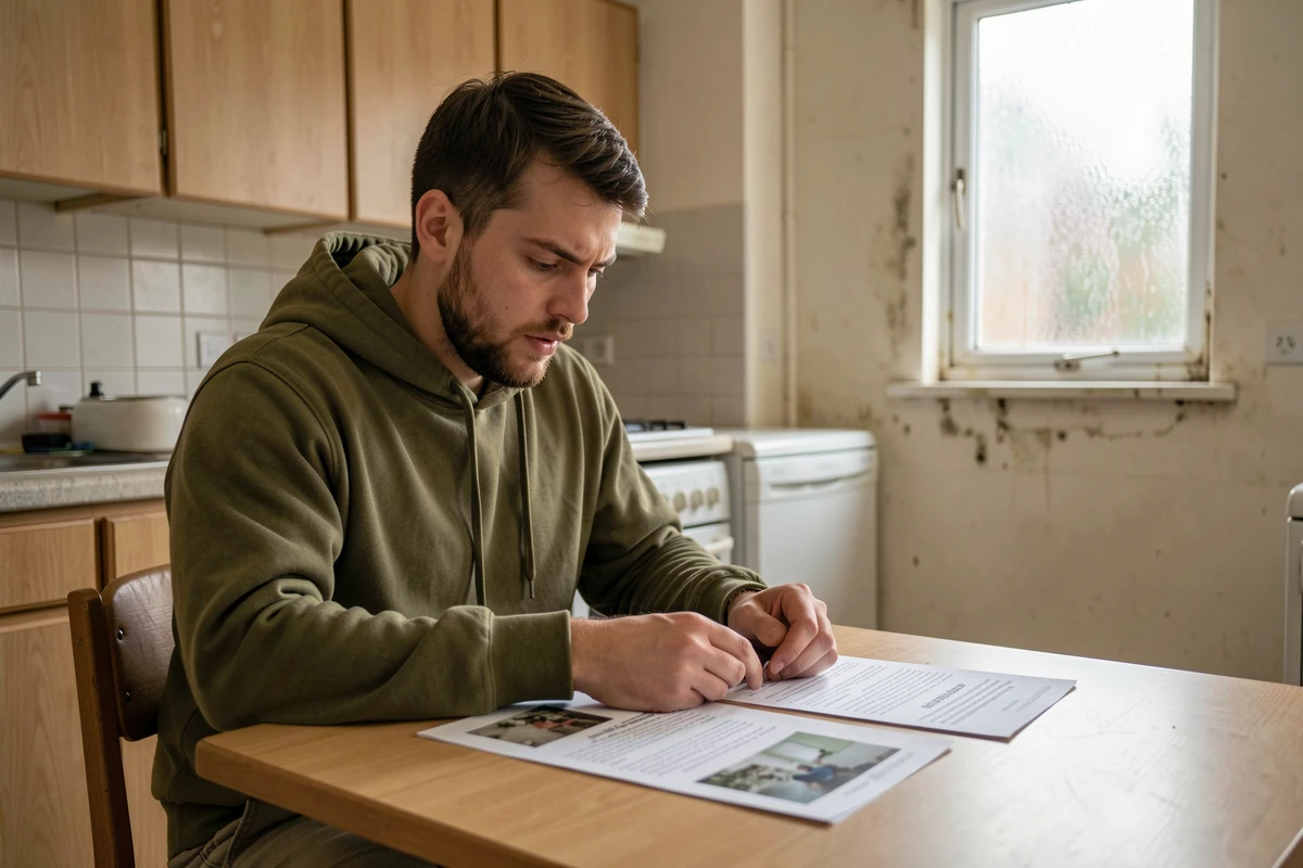 Locataire examinant des documents de recours juridique pour un litige de moisissures dans son appartement social