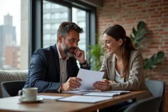 Propriétaire et locataire discutant dans un appartement moderne