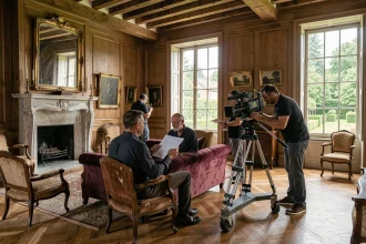 Équipe de tournage professionnelle installant du matériel cinématographique dans un salon de maison de maître loué pour un film