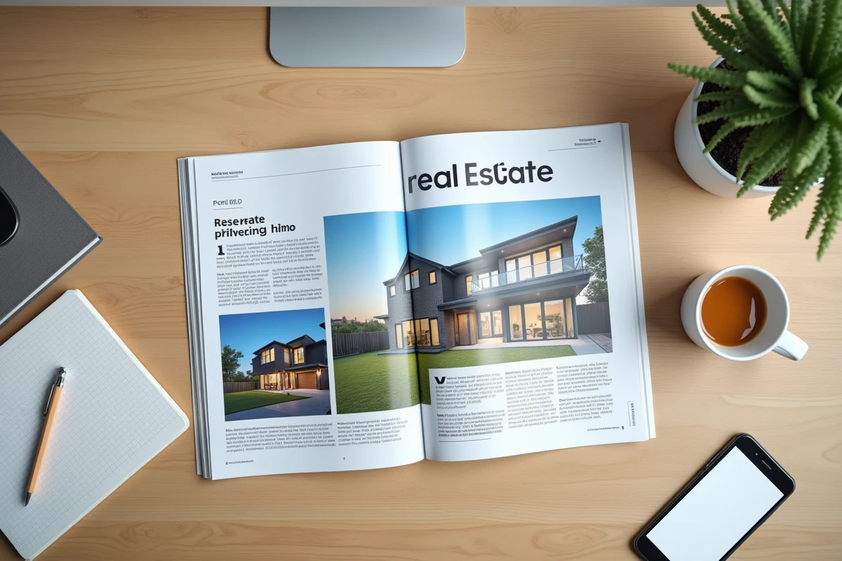 Vue aérienne d'un bureau avec magazine immobilier ouvert, smartphone et notes manuscrites pour la préparation d'annonces professionnelles