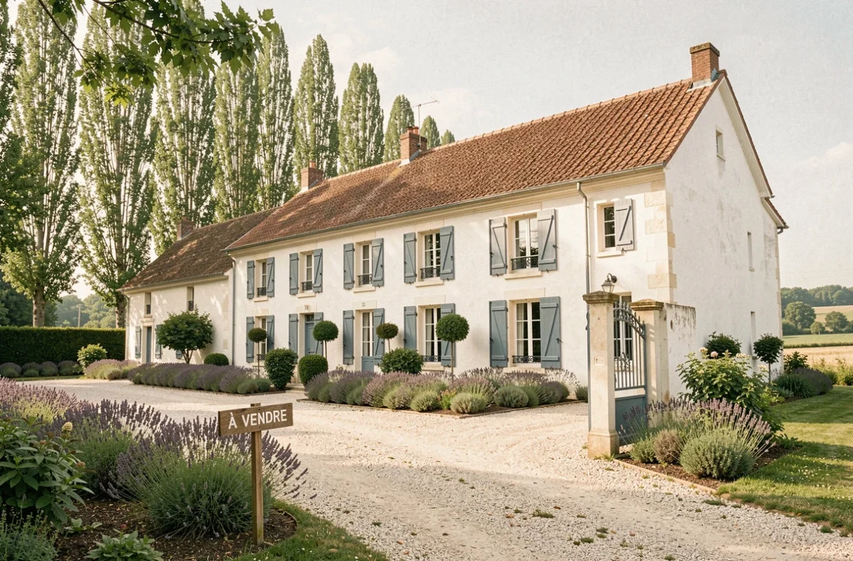 Maison blanche traditionnelle en pierre avec volets gris-bleu dans le Maine-et-Loire