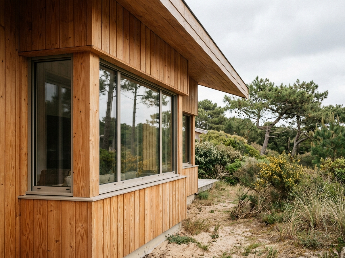 Maison en bois moderne en Charente-Maritime entourée de pins maritimes avec bardage en douglas et grandes baies vitrées