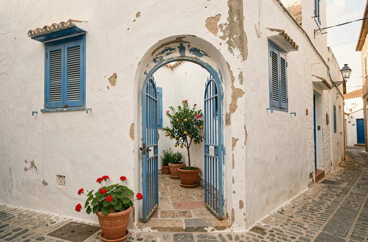 Façade d'une maison traditionnelle marocaine à Essaouira avec petit jardin visible derrière un portail en fer forgé