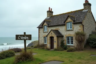 Maison normande traditionnelle à vendre en bord de mer avec vue sur la Manche et panneau À Vendre dans le jardin
