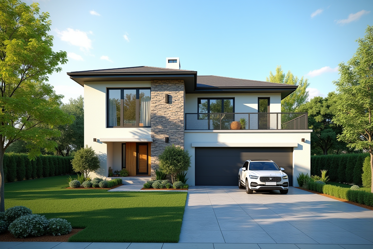 Maison moderne avec jardin verdoyant et voiture dans la cour