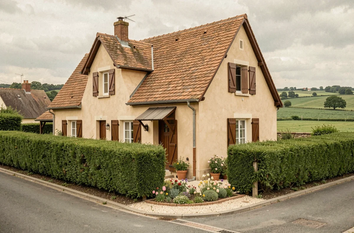 Maison individuelle de style normand avec volets en bois et jardin fleuri construite par Maisons Balency dans le Calvados