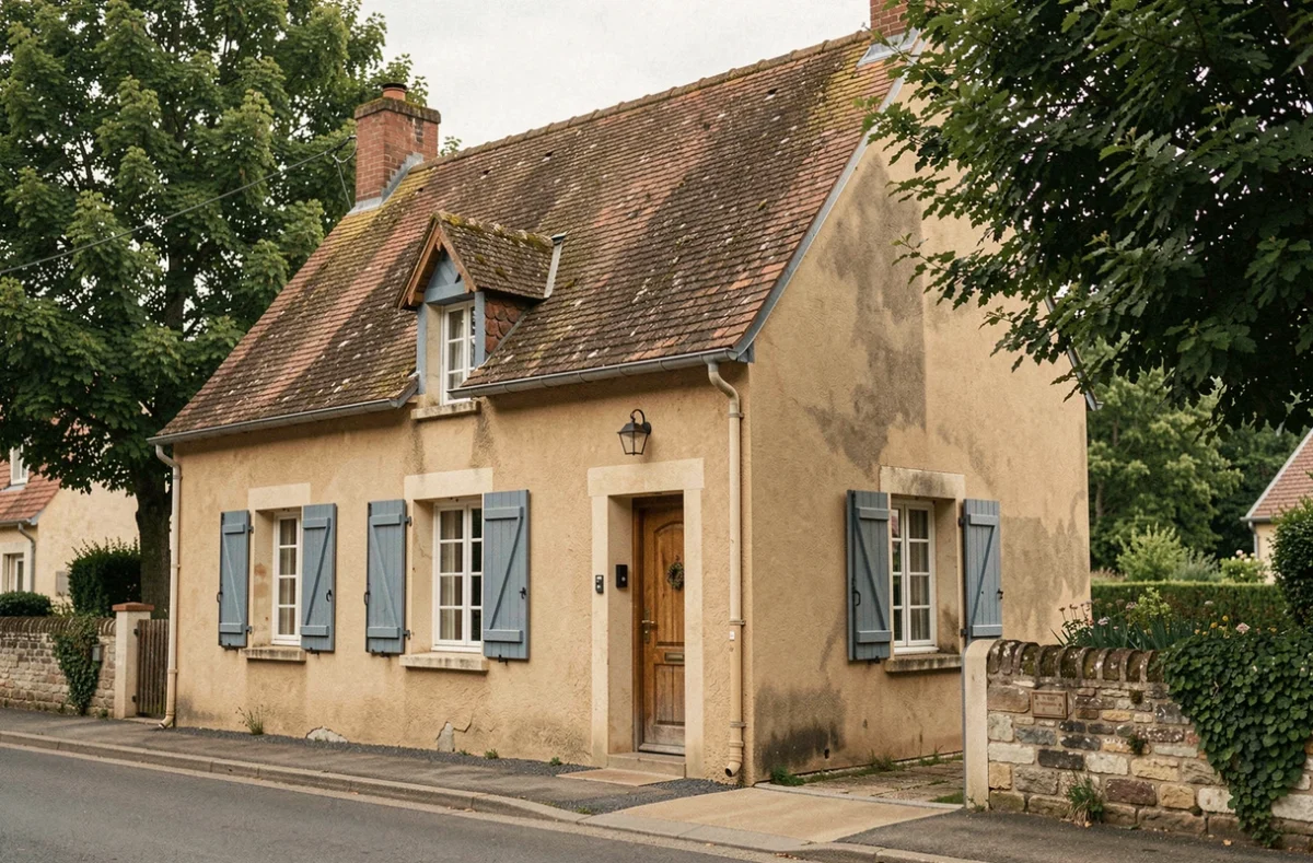 Maison individuelle aux volets bleu-gris et toit en tuiles anciennes dans une rue d'un bourg du Calvados construite par Maisons d'en France