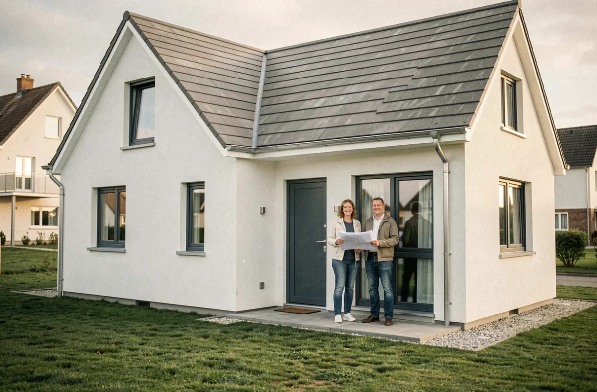 Couple devant une maison contemporaine blanche et grise construite par Maisons France Confort dans un quartier résidentiel normand