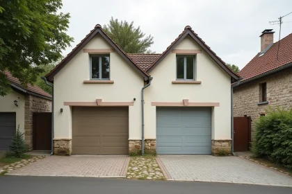 Deux maisons mitoyennes partageant un mur de garage avec limite de propriété visible entre les deux entrées de garage