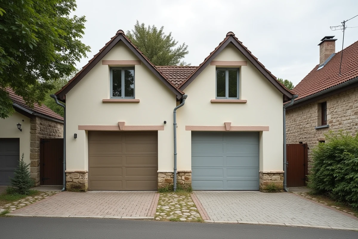 Deux maisons mitoyennes partageant un mur de garage avec limite de propriété visible entre les deux entrées de garage