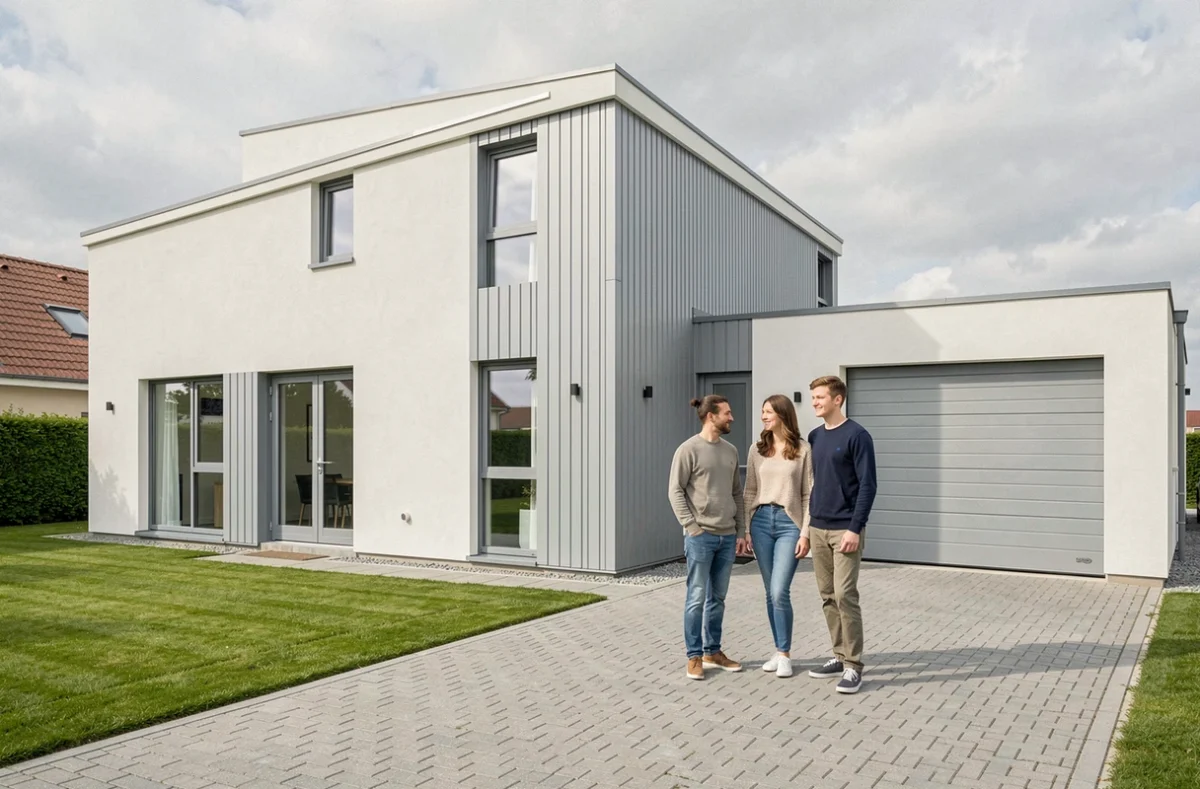 Famille devant leur maison neuve moderne aux panneaux gris et crépi blanc construite par Maisons Pierre dans le Calvados