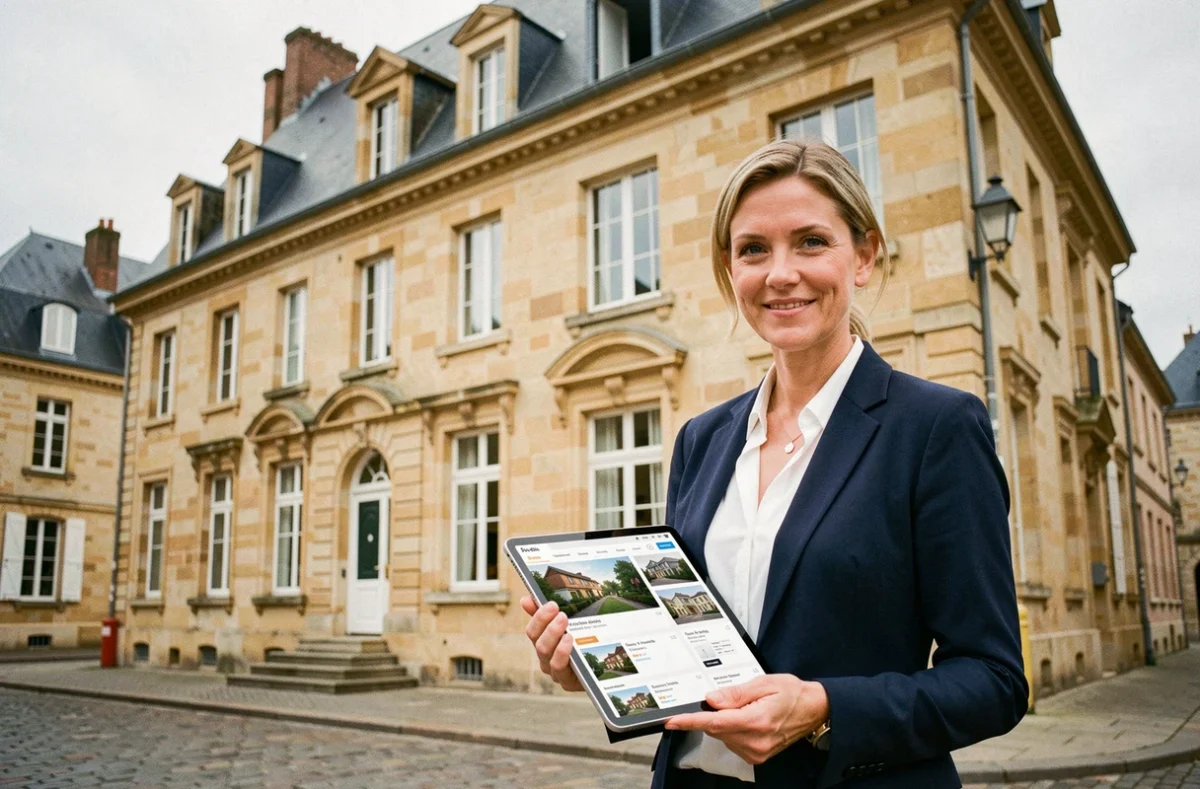 Agent immobilière professionnelle devant une façade en tuffeau typique d'Angers, Maine-et-Loire