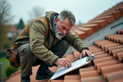 Artisan mesurant la surface d'une toiture en tuiles avec un mètre ruban pour calculer les mètres carrés et estimer le budget matériaux