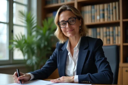Professionnelle immobilière examinant un modèle d'état daté dans un bureau de notaire moderne