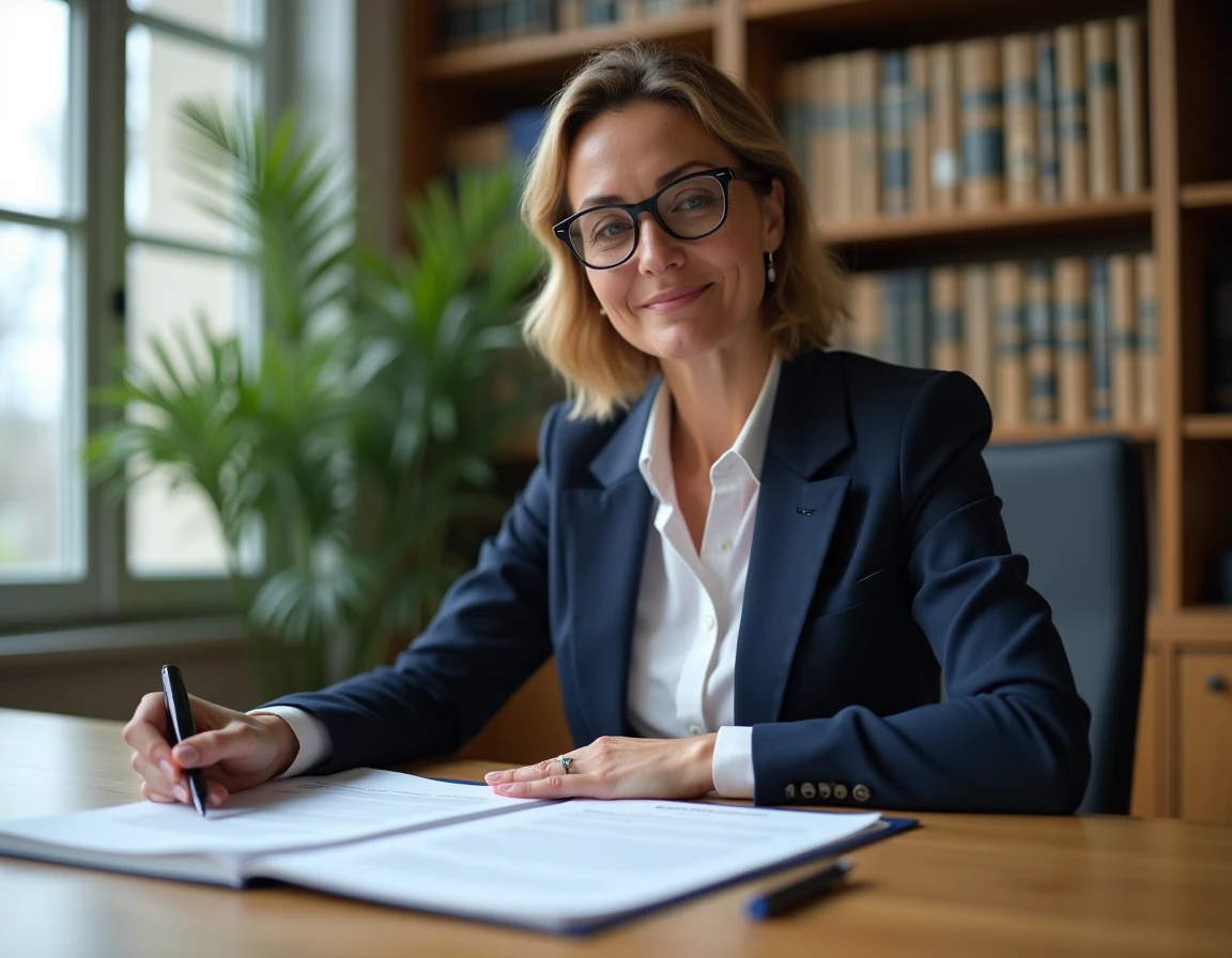Professionnelle immobilière examinant un modèle d'état daté dans un bureau de notaire moderne