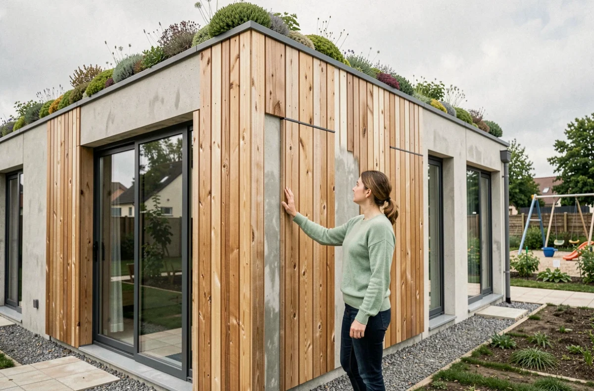 Femme inspectant les panneaux en bois d'une maison individuelle écologique préfabriquée construite par Natilia à Caen en Calvados