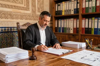 Notaire marocain examinant les documents obligatoires pour une vente d'appartement à Marrakech dans un bureau traditionnel