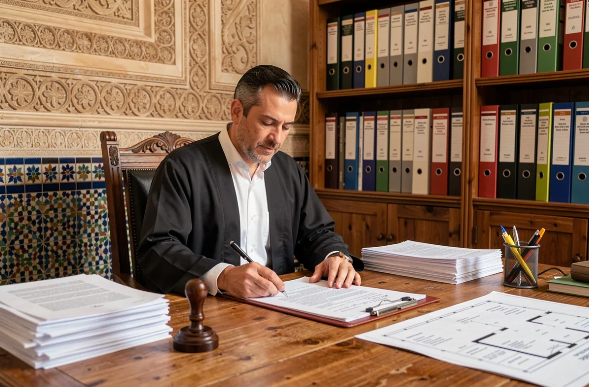 Notaire marocain examinant les documents obligatoires pour une vente d'appartement à Marrakech dans un bureau traditionnel