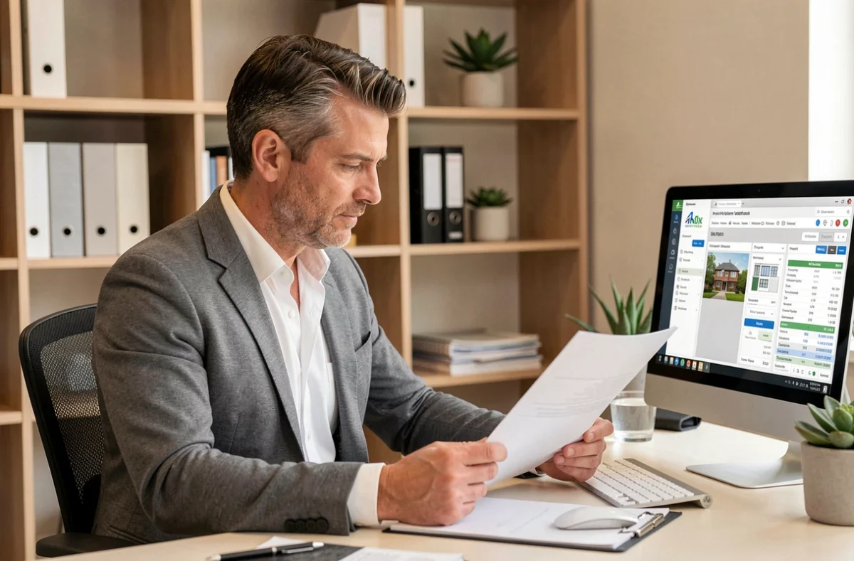 Professionnel de l'agence Office Transact examinant un dossier de transaction immobilière