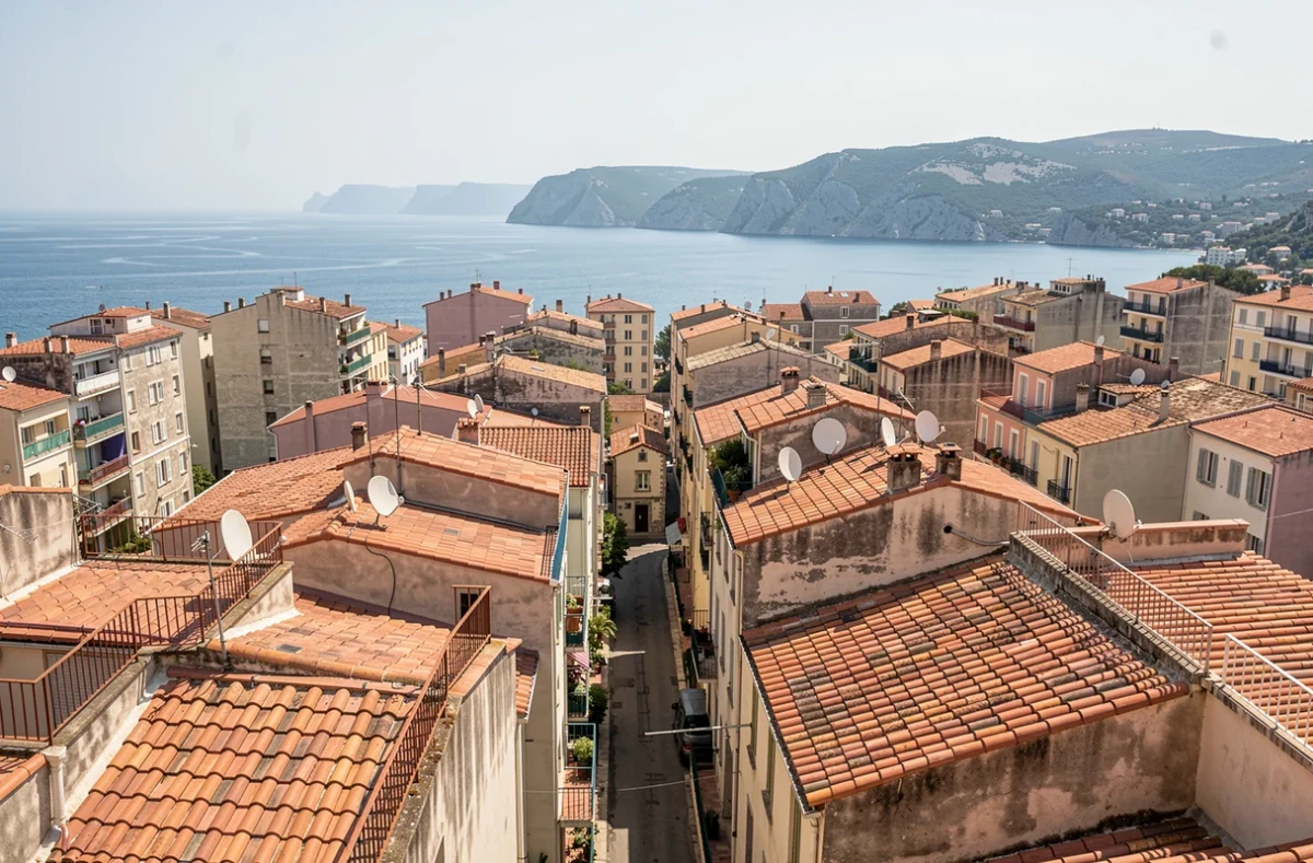 Vue panoramique sur les toits du 9ème arrondissement de Marseille avec la mer Méditerranée et les Calanques en arrière-plan