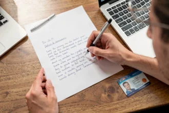 Personne rédigeant une attestation sur papier libre à son bureau