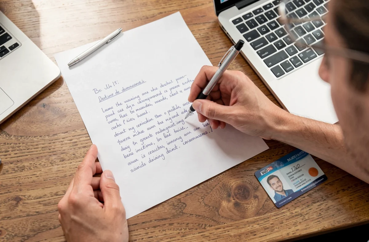 Personne rédigeant une attestation sur papier libre à son bureau
