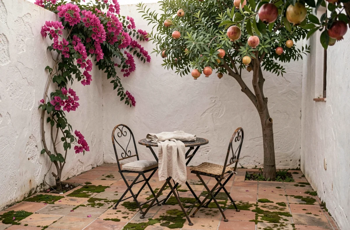Petit jardin privatif d'une maison à louer à Essaouira avec bougainvilliers et mobilier de jardin en fer forgé