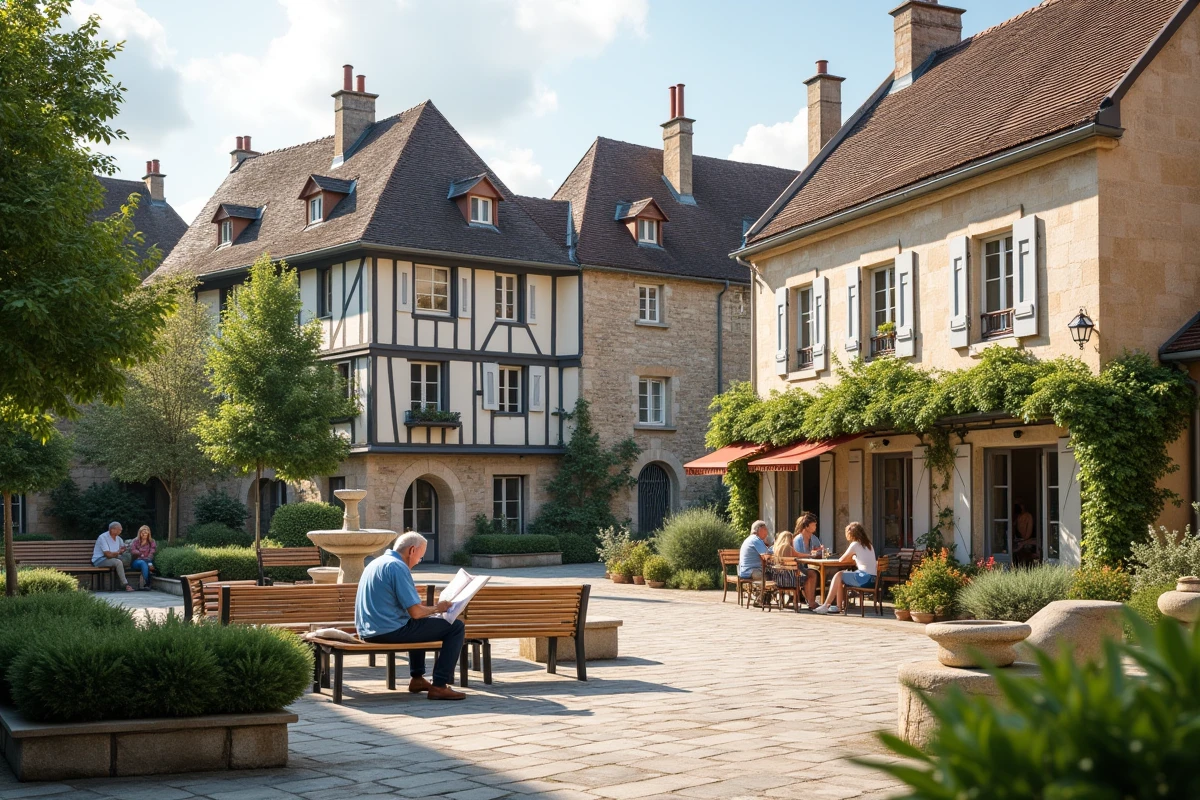 Place de village française réaménagée et animée illustrant la revitalisation d'un centre-bourg grâce à une stratégie OAP urba