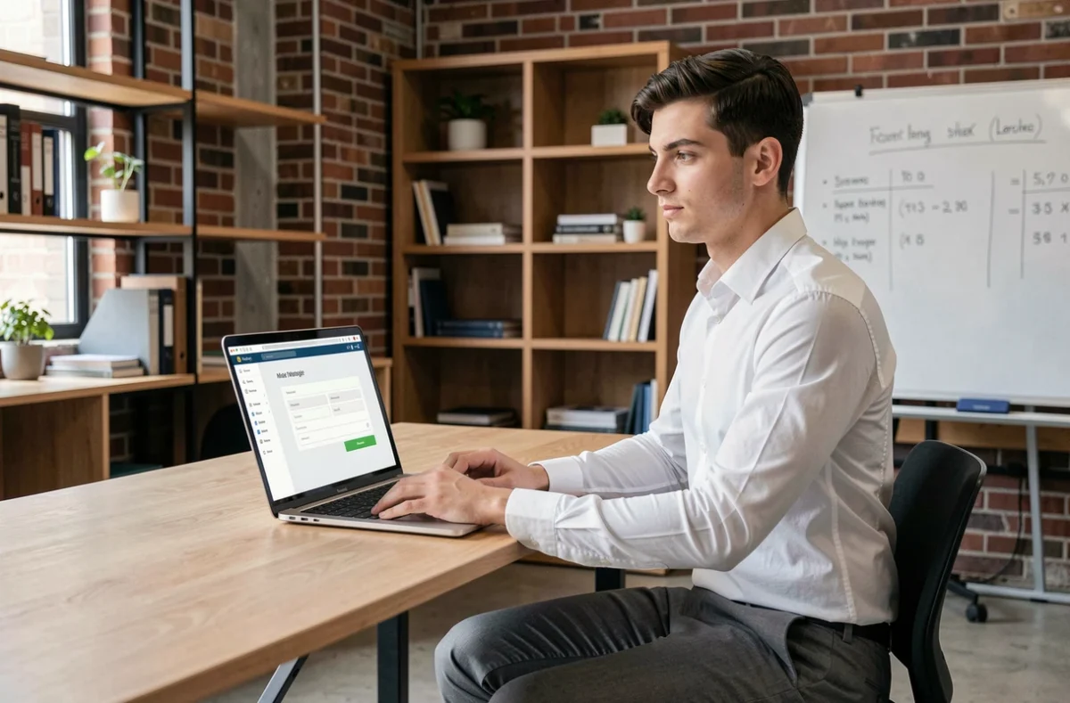 Conseiller Pretto travaillant sur une interface de demande de prêt immobilier en ligne dans un espace co-working moderne