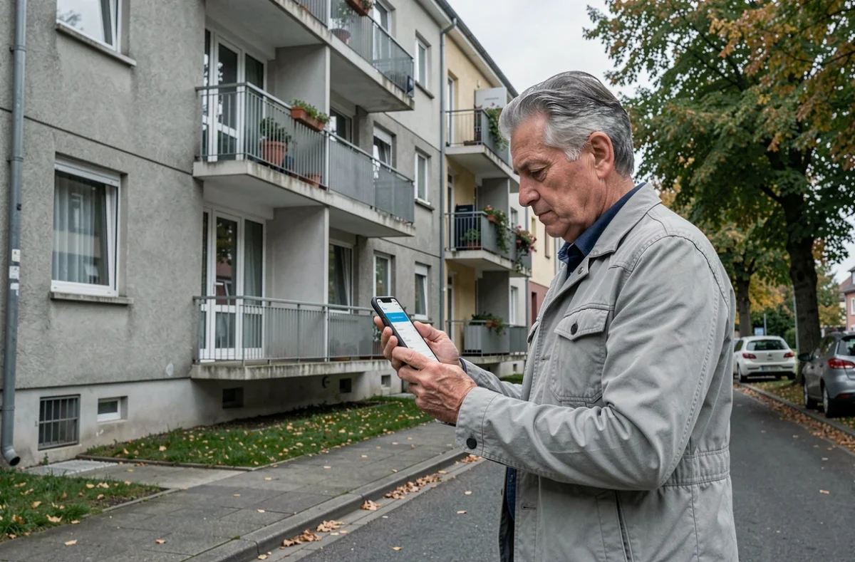 Propriétaire comparant des offres d'assurance habitation sur smartphone devant un immeuble à Creil