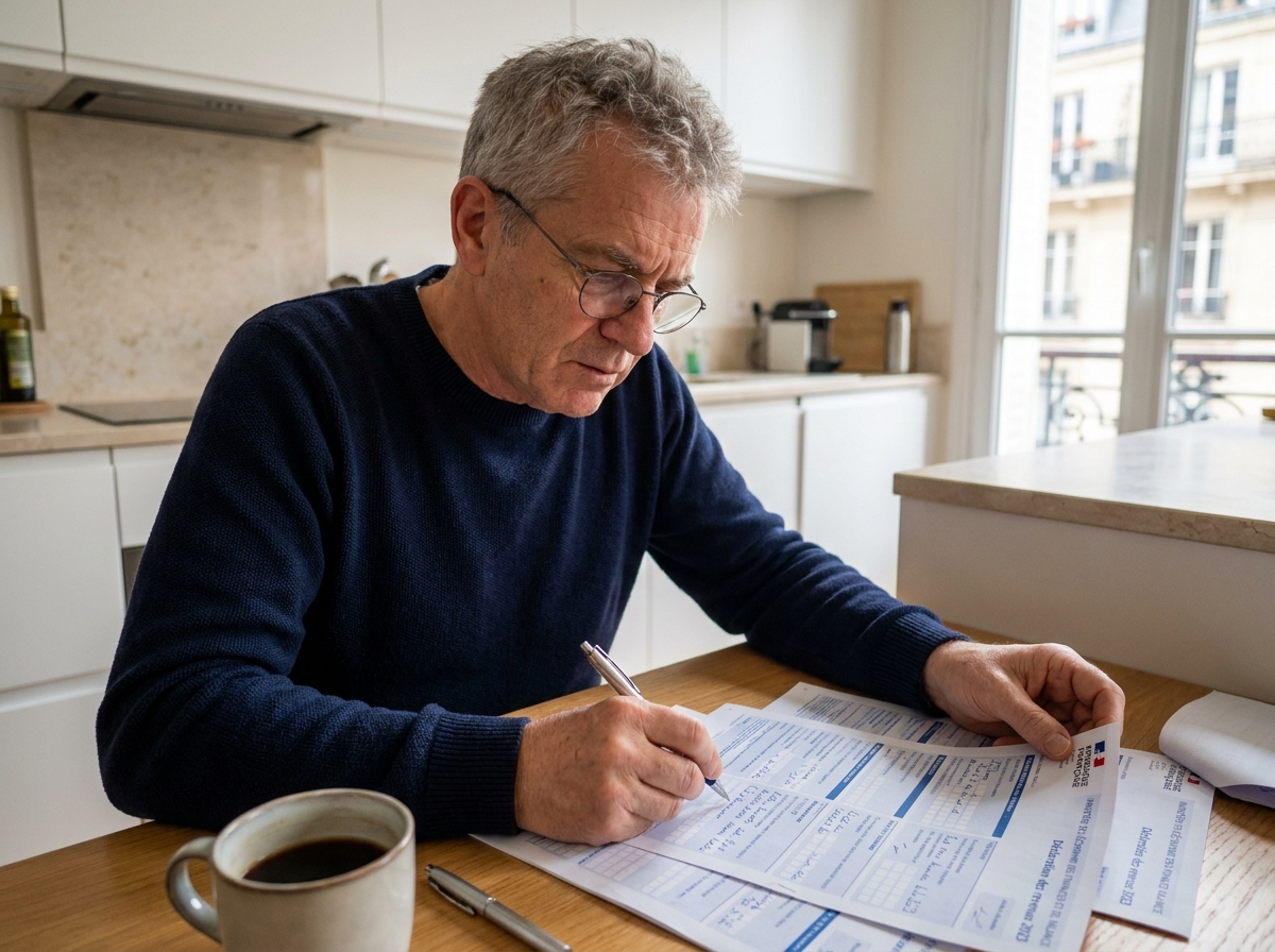 Propriétaire LMNP âgé remplissant sa déclaration fiscale 2031 sur papier à la table de cuisine