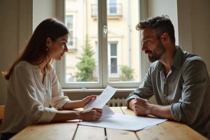 Propriétaire et locataire examinant un contrat de bail et l'indice de référence des loyers à Paris