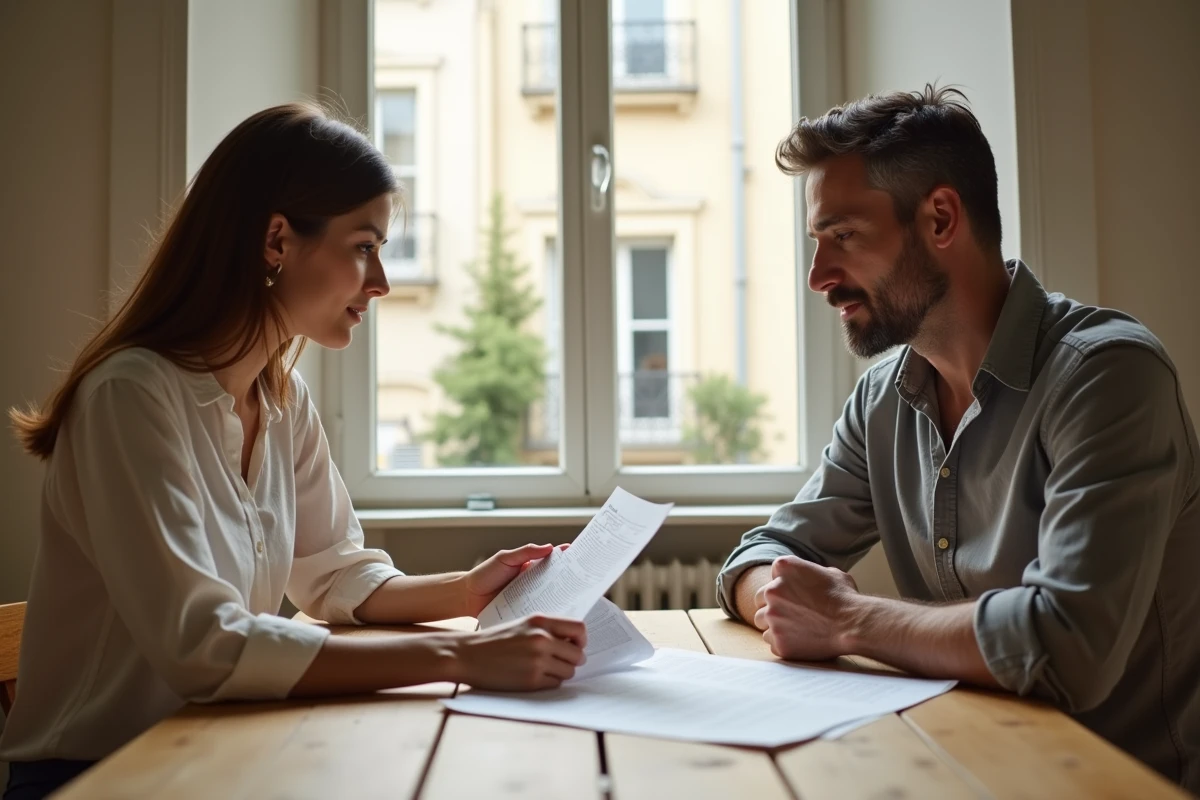 Propriétaire et locataire examinant un contrat de bail et l'indice de référence des loyers à Paris