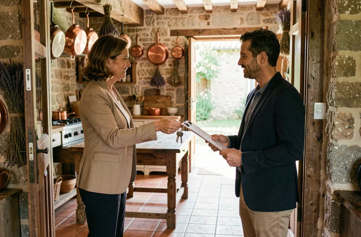 Propriétaire remettant les clés de sa maison de campagne à un responsable de production cinématographique pour une location de tournage