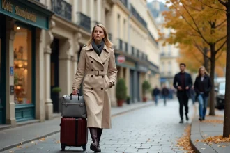Femme tirant une valise dans un quartier résidentiel proche de la gare de Metz, façades haussmanniennes en arrière-plan