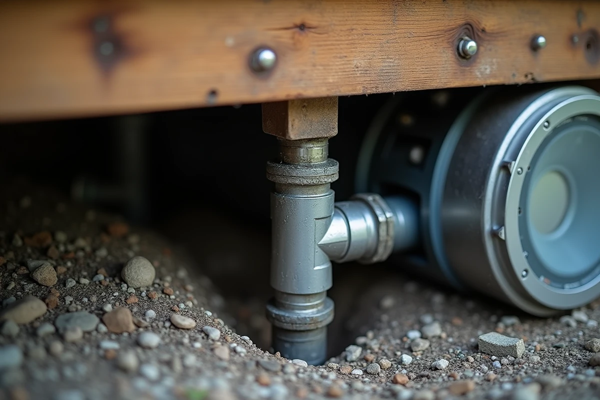 Détail du raccordement eau autonome d'une tiny house avec pompe à pression et cuve enterrée sur terrain isolé