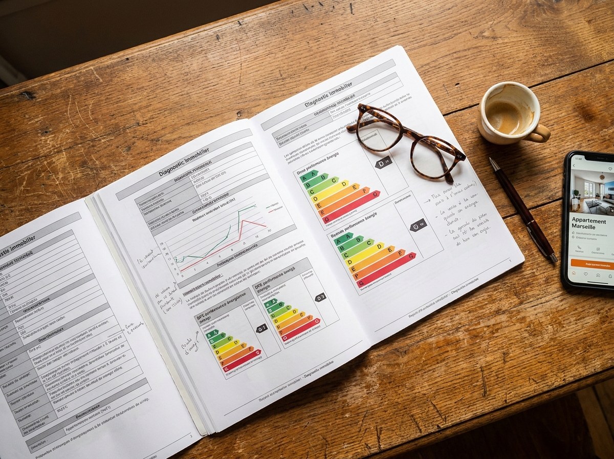 Rapport de diagnostic immobilier ouvert avec annotations et classement DPE sur un bureau en bois