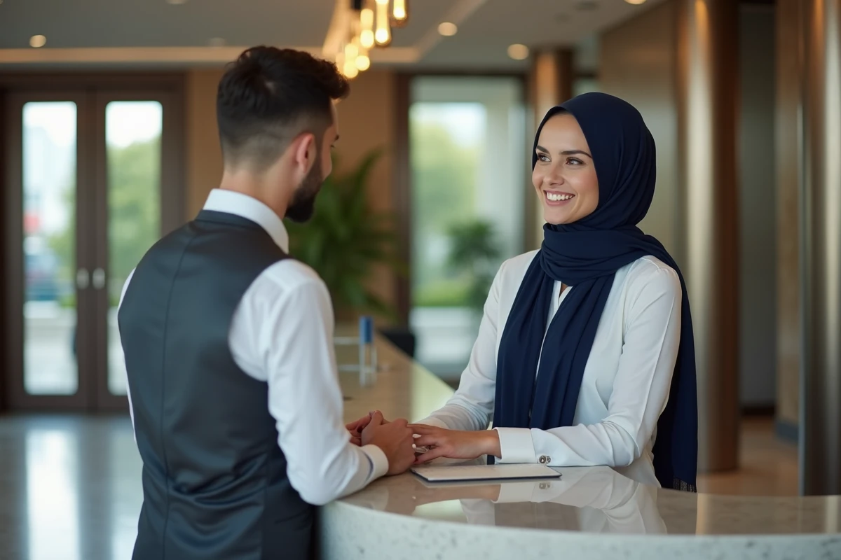 Receptionniste souriante aidant un visiteur à Almas Tower