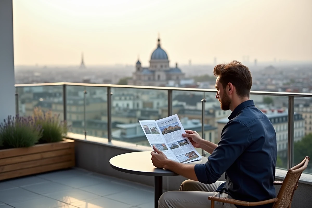 Homme consultant des annonces immobilières sur une terrasse de toiture moderne à Paris