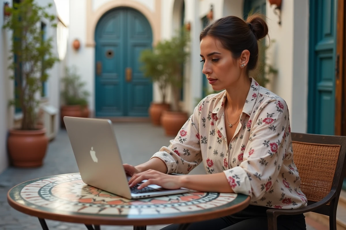 Femme recherchant une maison à vendre à Marrakech sur un ordinateur portable dans un café de la médina