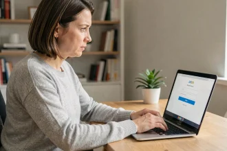 Femme assise à un bureau consultant une page de réinitialisation de mot de passe sur un ordinateur portable