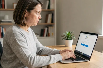 Femme assise à un bureau consultant une page de réinitialisation de mot de passe sur un ordinateur portable