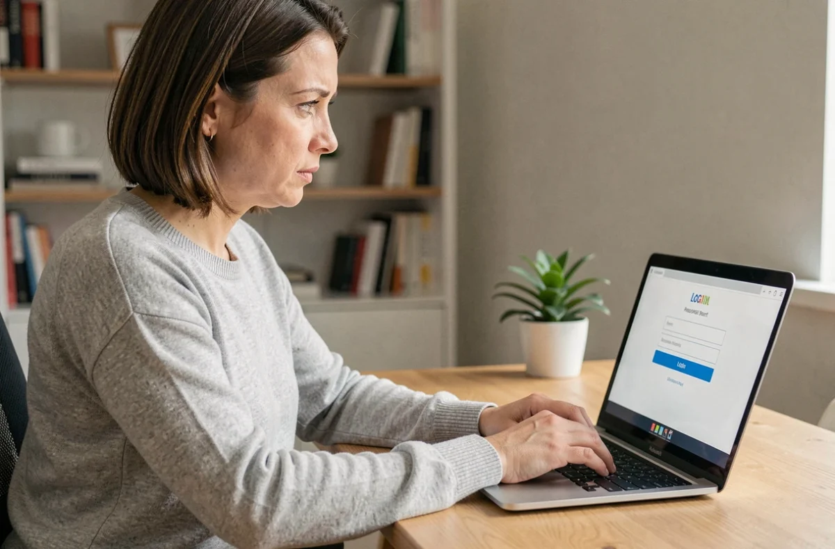 Femme assise à un bureau consultant une page de réinitialisation de mot de passe sur un ordinateur portable