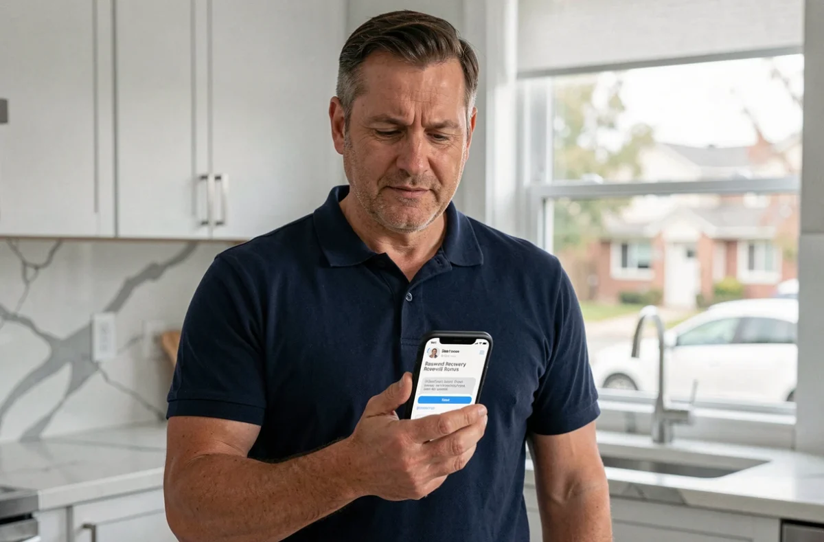 Homme en cuisine consultant un email de récupération de mot de passe sur smartphone